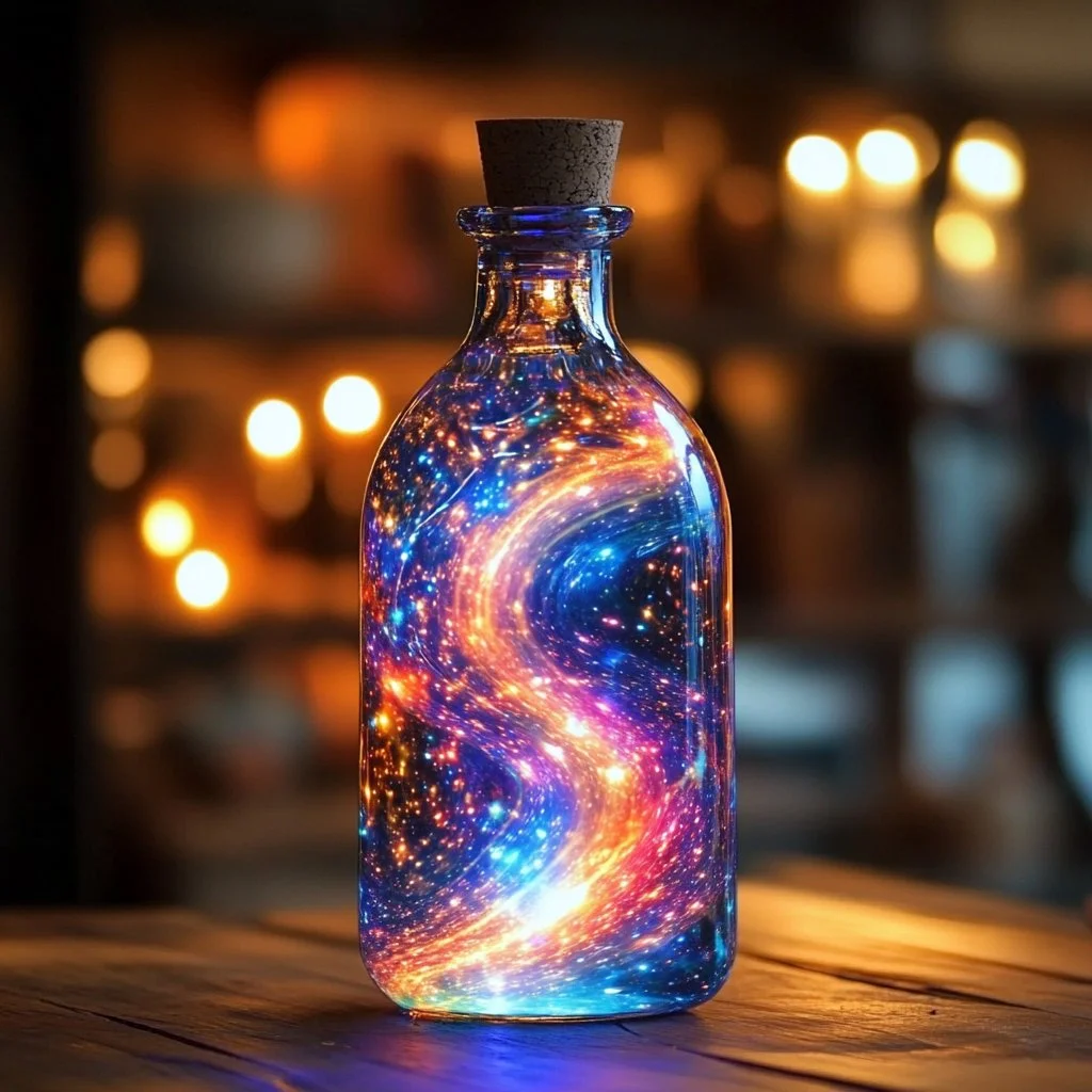 Glow Stick Galaxy Bottle glowing in the dark with colorful lights