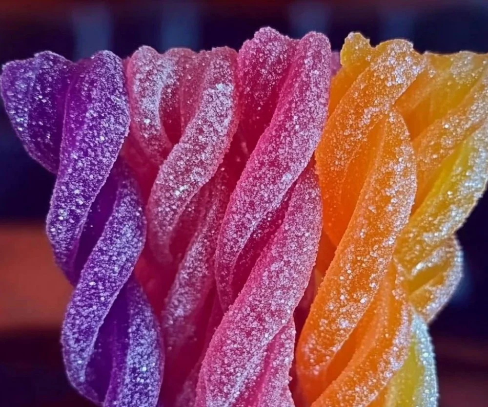 Homemade Kool-Aid licorice ropes in vibrant colors and fun shapes.