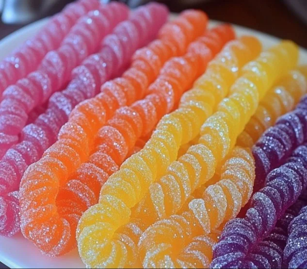 Colorful homemade Kool-Aid licorice ropes on a wooden surface.
