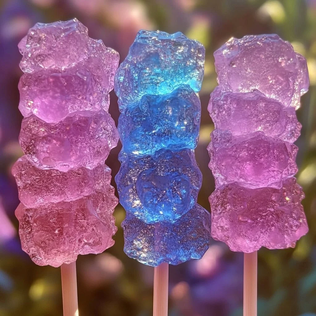 Colorful homemade rock candy pieces in a jar.