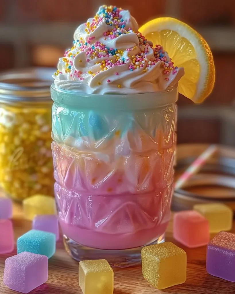 Glass of colorful homemade unicorn lemonade with vibrant swirls