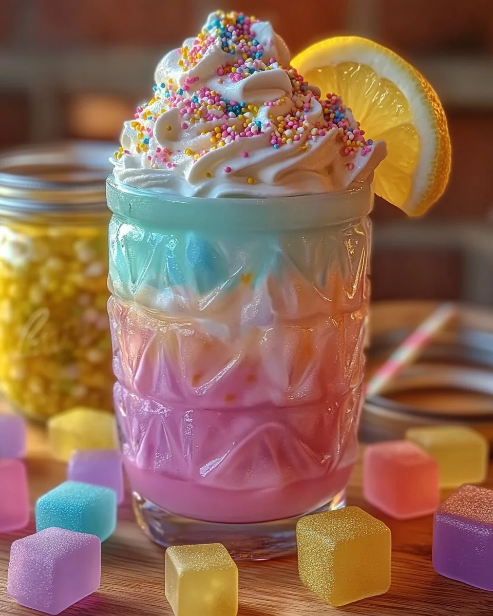 Glass of colorful homemade unicorn lemonade with vibrant swirls