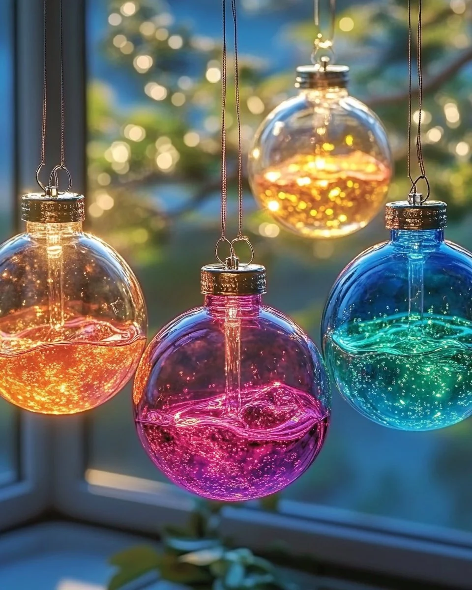 Lava lamp style suncatchers casting colorful reflections in sunlight