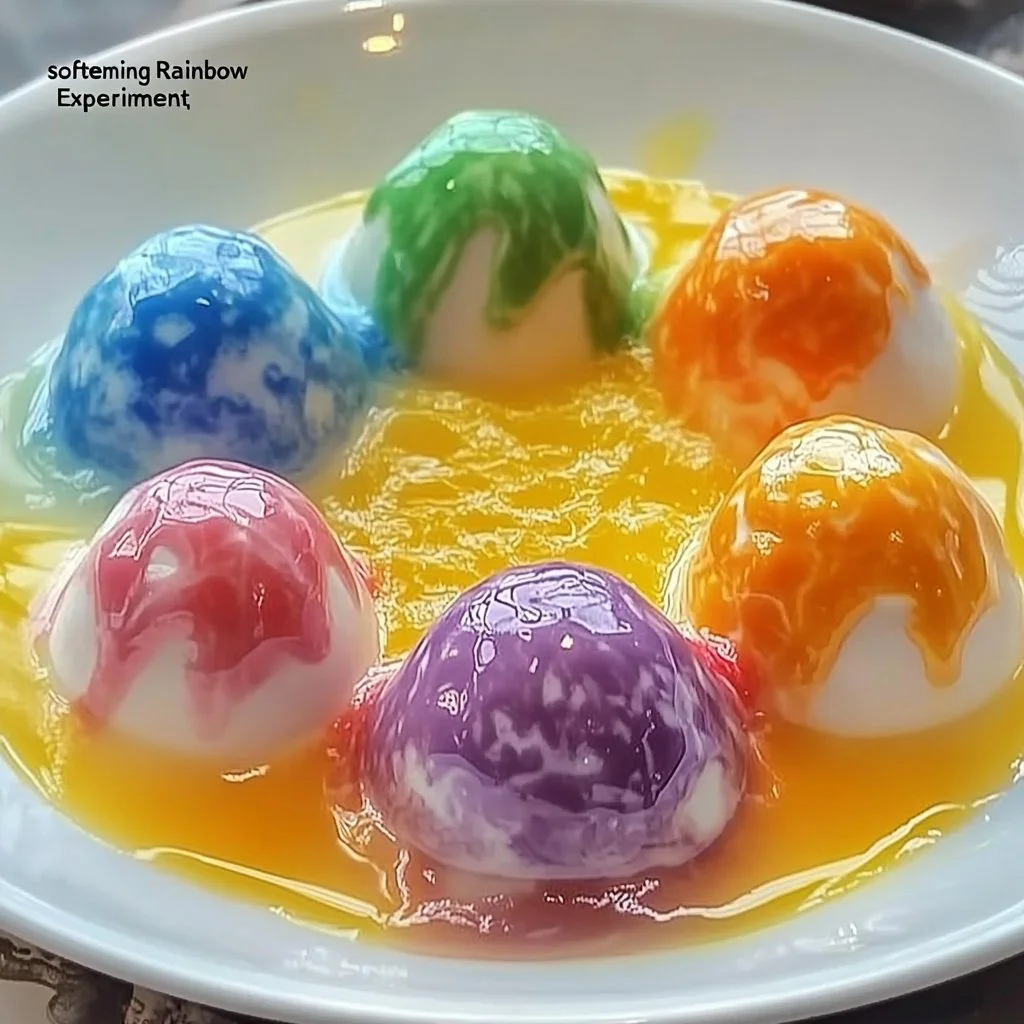 Colorful melting rainbow elements in a vibrant science experiment.