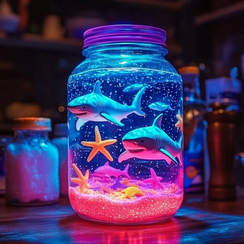 Neon Ocean Sensory Jar filled with colorful, calming liquid and glitter.