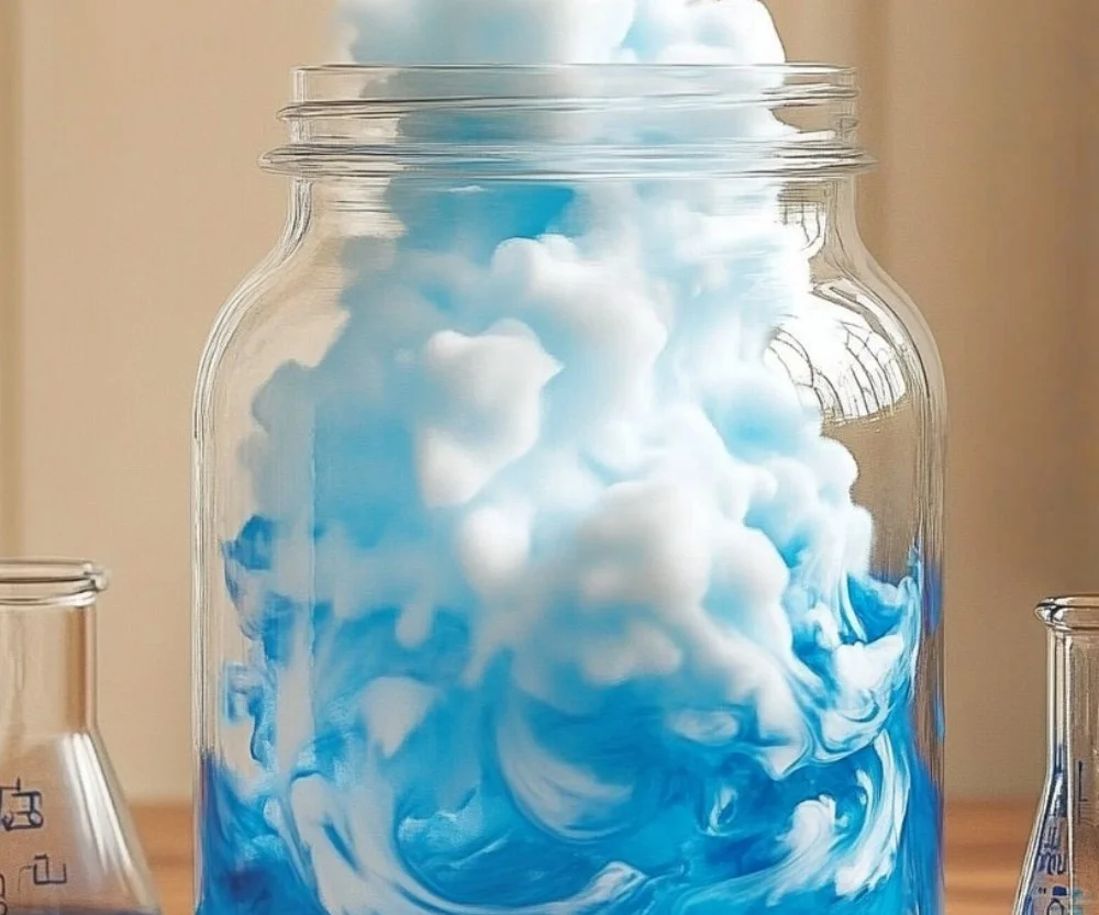 A creative rainy cloud in a jar displaying artificial rain and cloud effects.