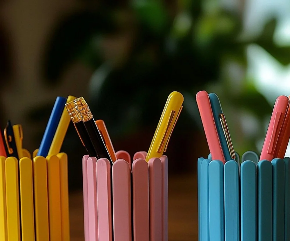 Refreshingly designed recycled ice cream stick pen stands for sustainable decor