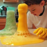 Children conducting the safe fizzy volcano experiment with colorful materials.