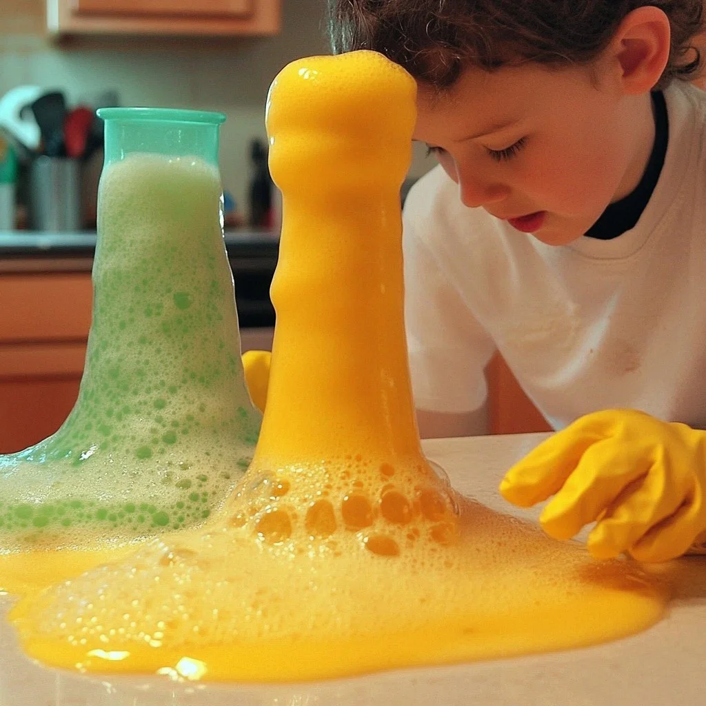 Children conducting the safe fizzy volcano experiment with colorful materials.