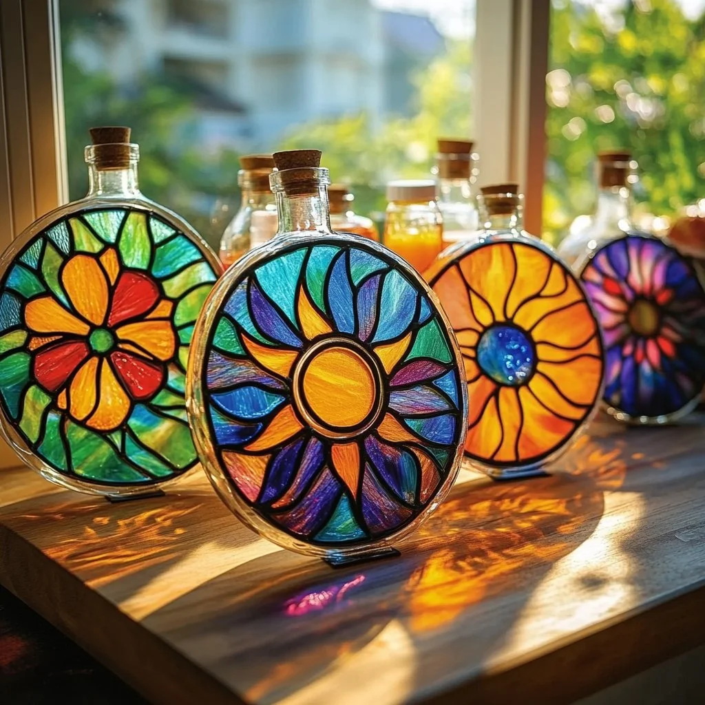 Applying stained glass glue to colorful window art for creative designs