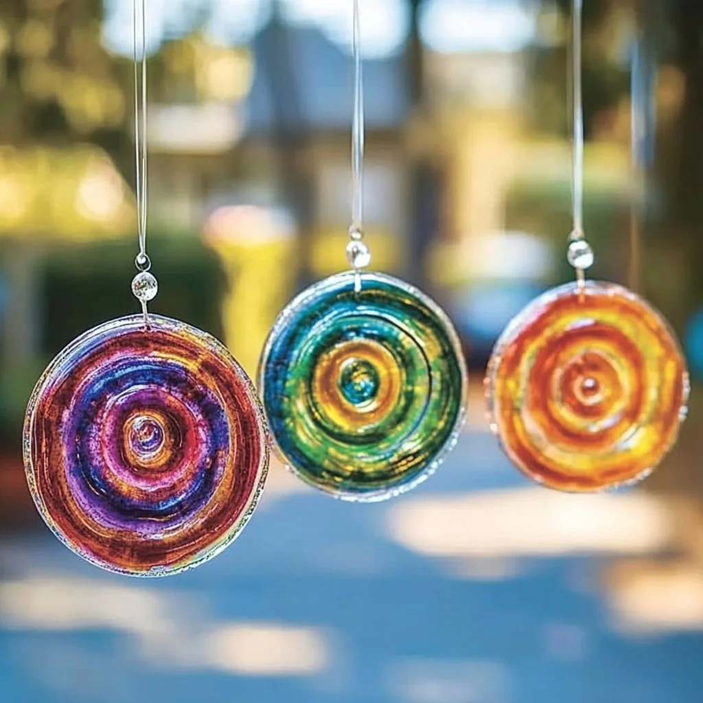 Colorful Tie-Dye Glue Suncatchers hanging in the sunlight