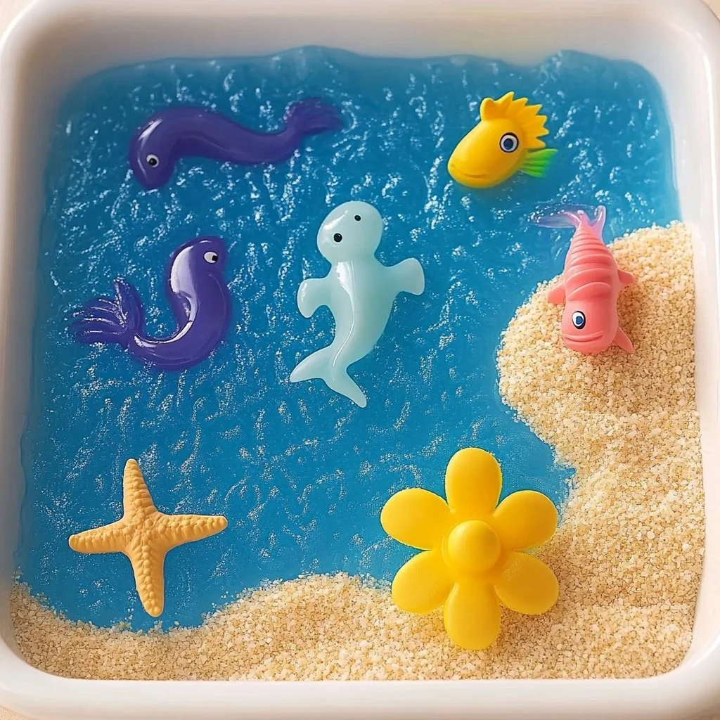 Under the Sea sensory play tub filled with vibrant ocean-themed items for tactile exploration.