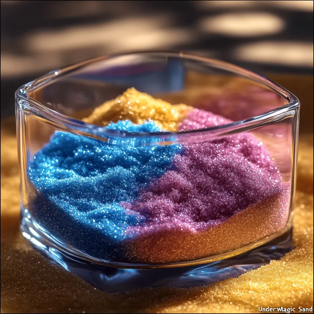 Child performing an underwater magic sand experiment in a clear container.