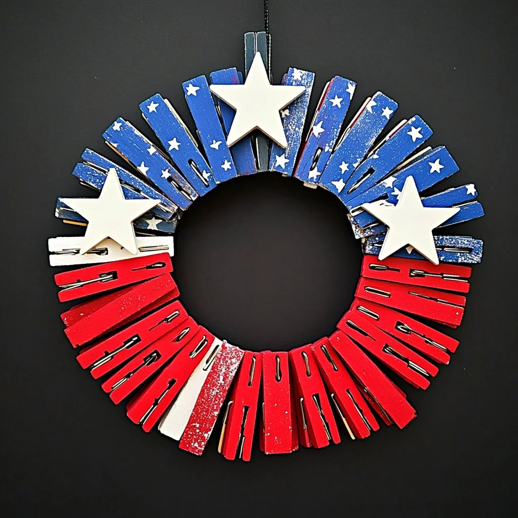 Patriotic 4th of July Clothespin Wreath decorated with red, white, and blue colors