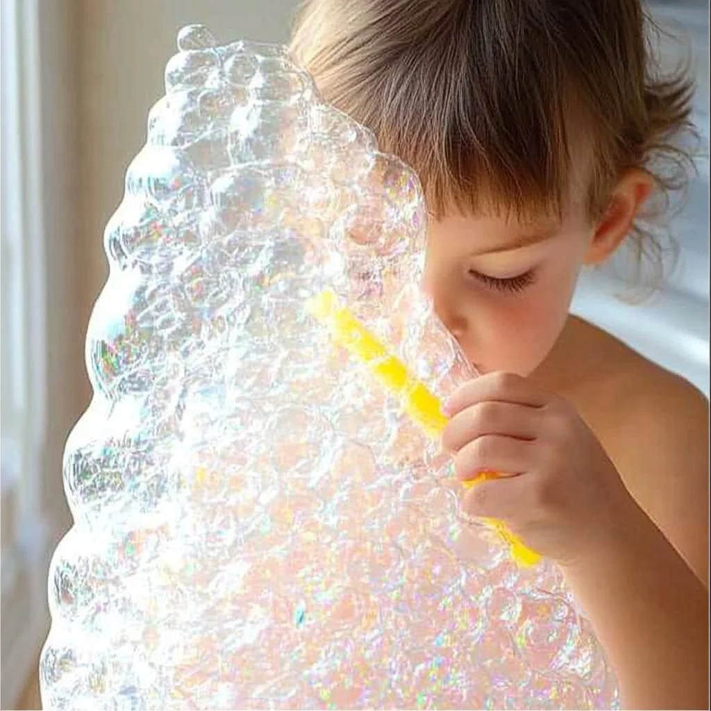 Colorful bubble towers floating in the air, showcasing the art of bubble blowing.