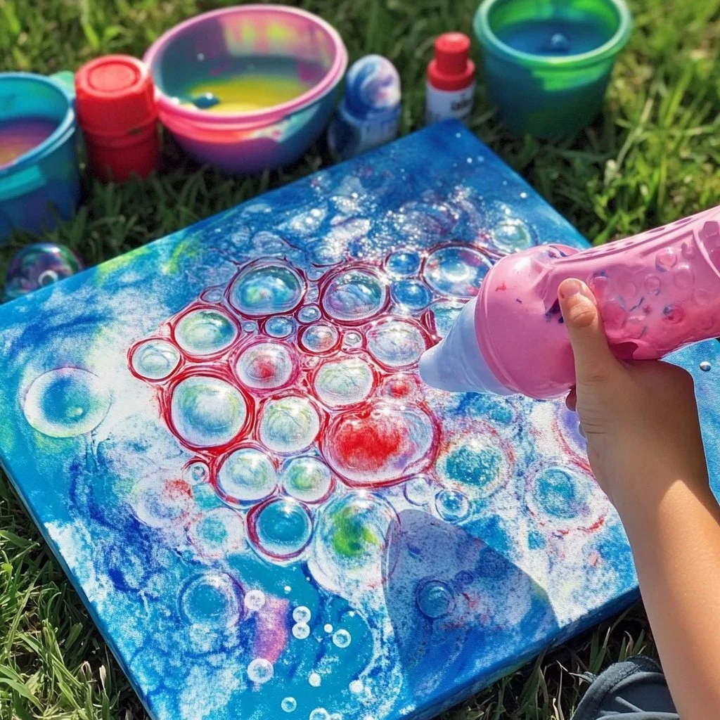 Child engaging in fun bubble painting activity with colorful bubbles.
