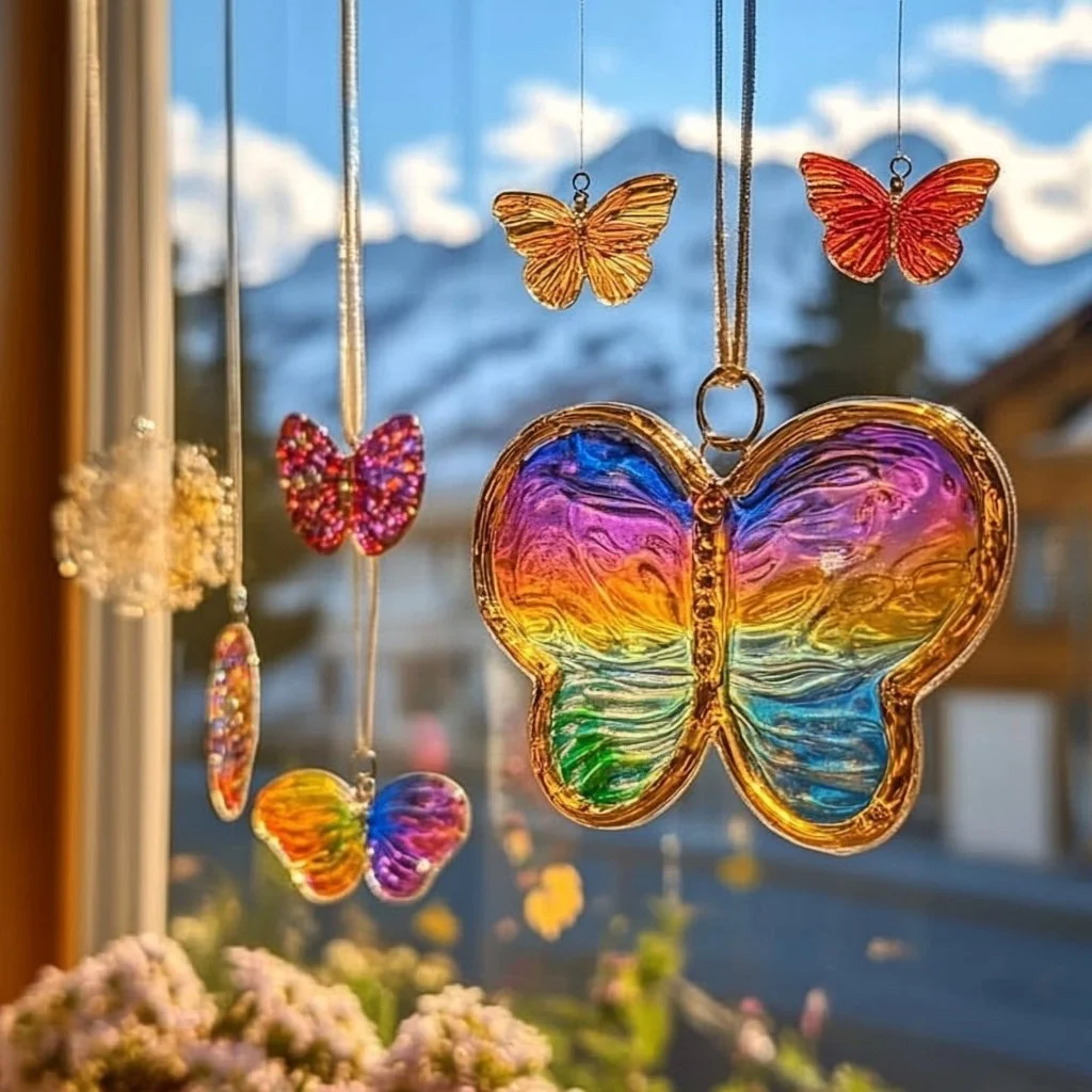Colorful glue suncatchers in the sunlight, showcasing creative designs
