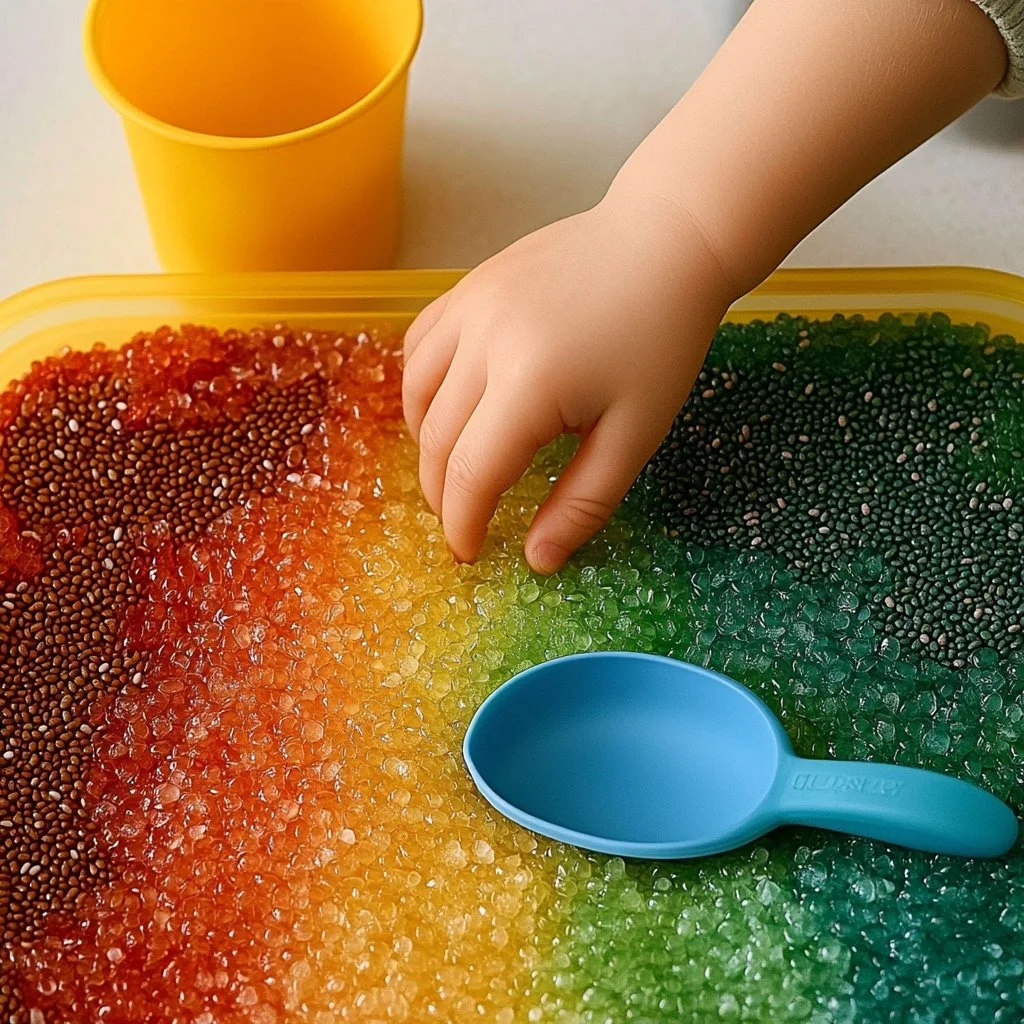 Chia seed sensory bin for educational play and exploration.