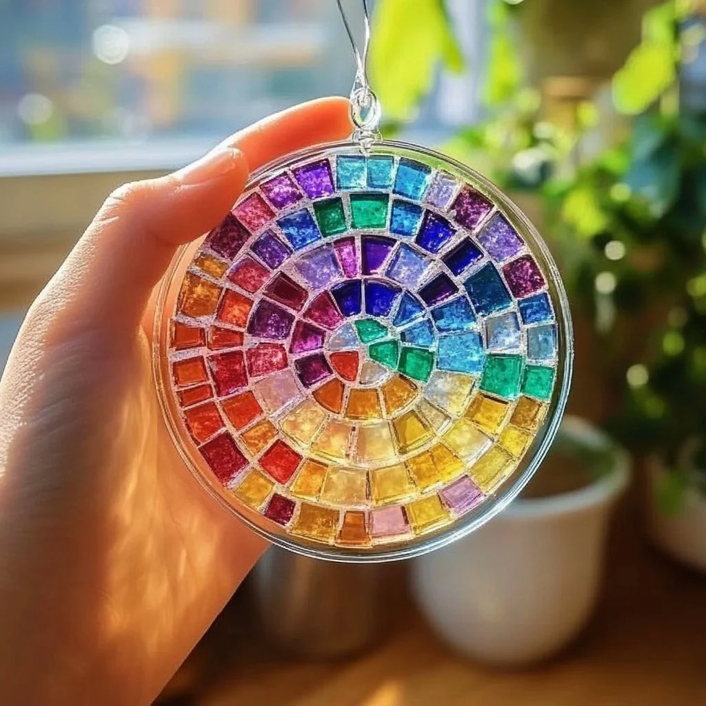 Clear Glue Mosaic Suncatcher Craft project with colorful designs