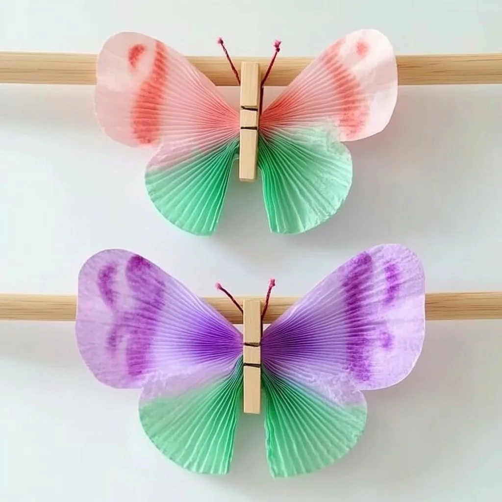 Colorful coffee filter butterflies crafted for decorative art projects.