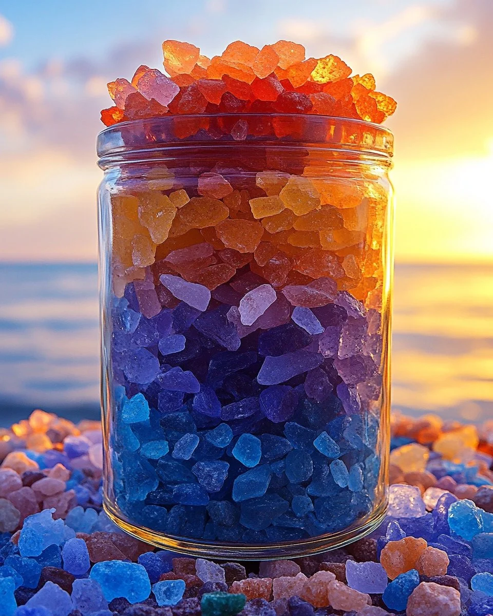 Vibrant and colorful salt jars displayed in a kitchen setting.