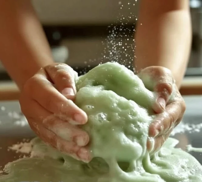 Colorful dish soap slime in a bowl with playful textures and shapes.