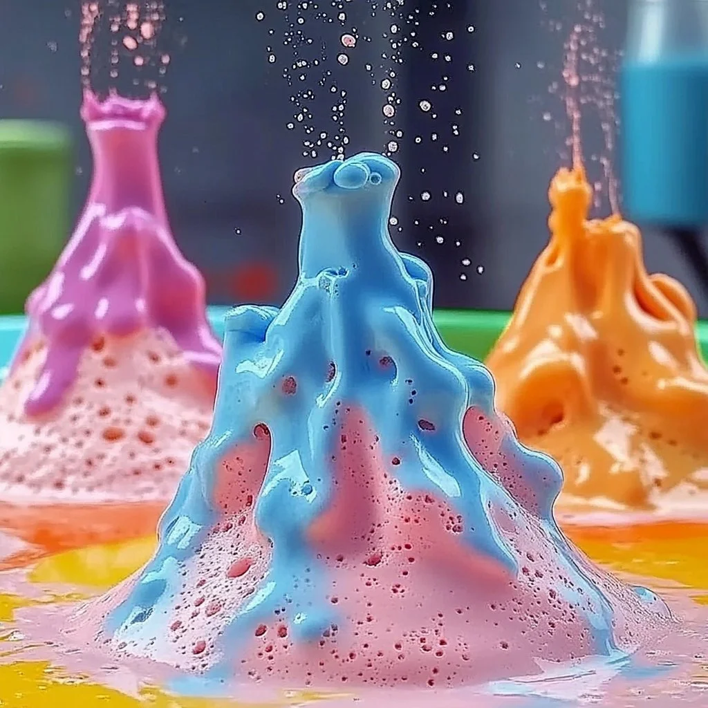 Child creating a colorful baking soda volcano experiment with vinegar.