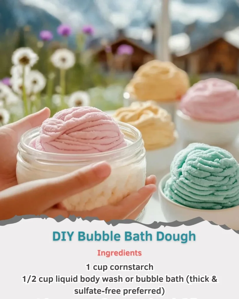 Colorful DIY bubble bath dough in a bowl with bubble bath ingredients.