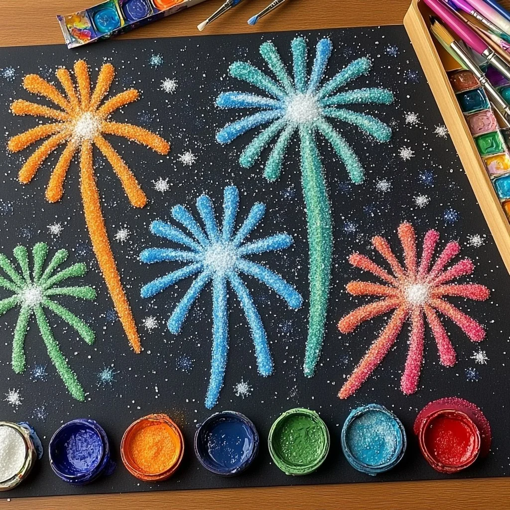 Colorful DIY firework salt painting project for kids.