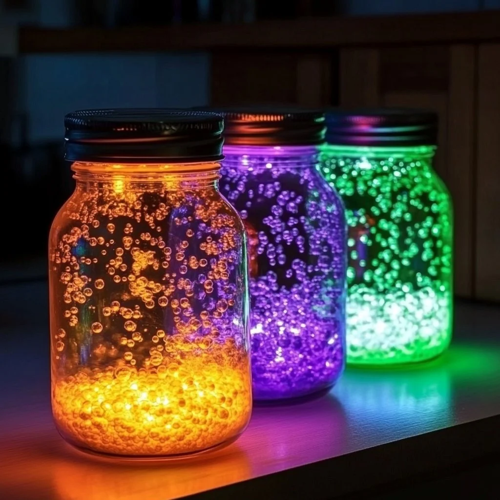 DIY glowing bubble lamps illuminating a cozy room with colorful light.