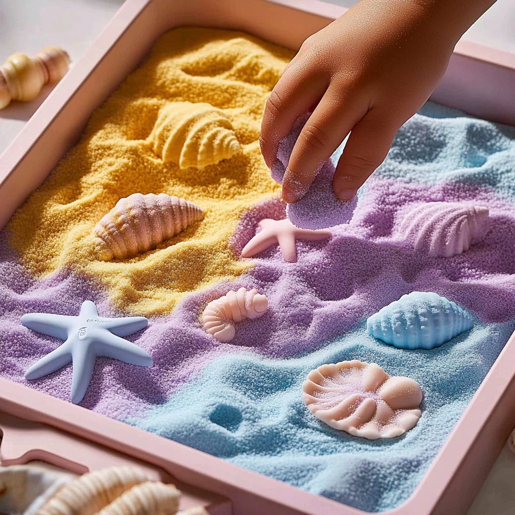 Colorful homemade kinetic sand in a sandbox for kids' play.