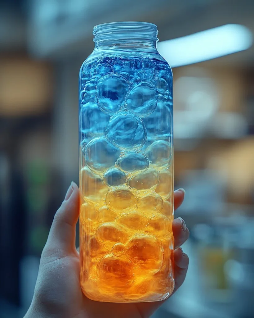 DIY lava lamp with colorful liquid and bubbles in a glass container.