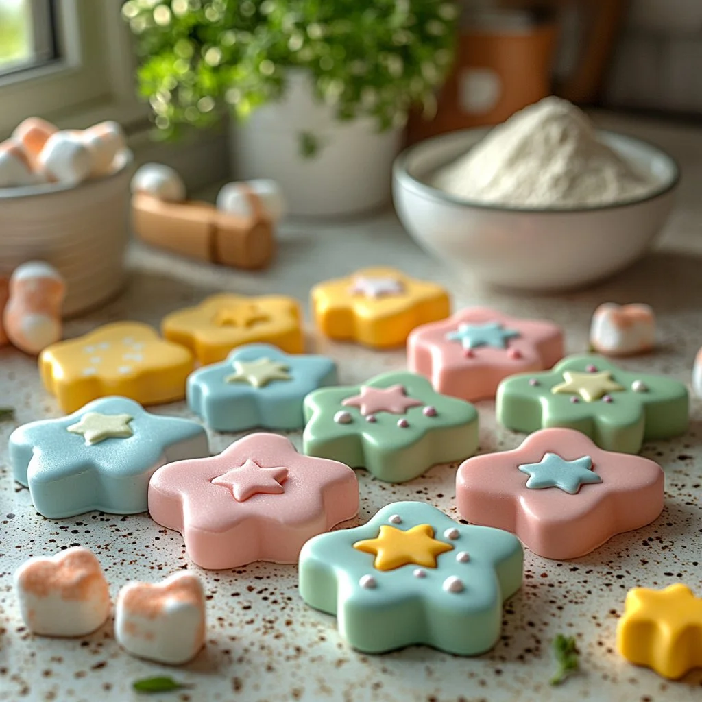 Colorful edible marshmallow play dough balls on a wooden table