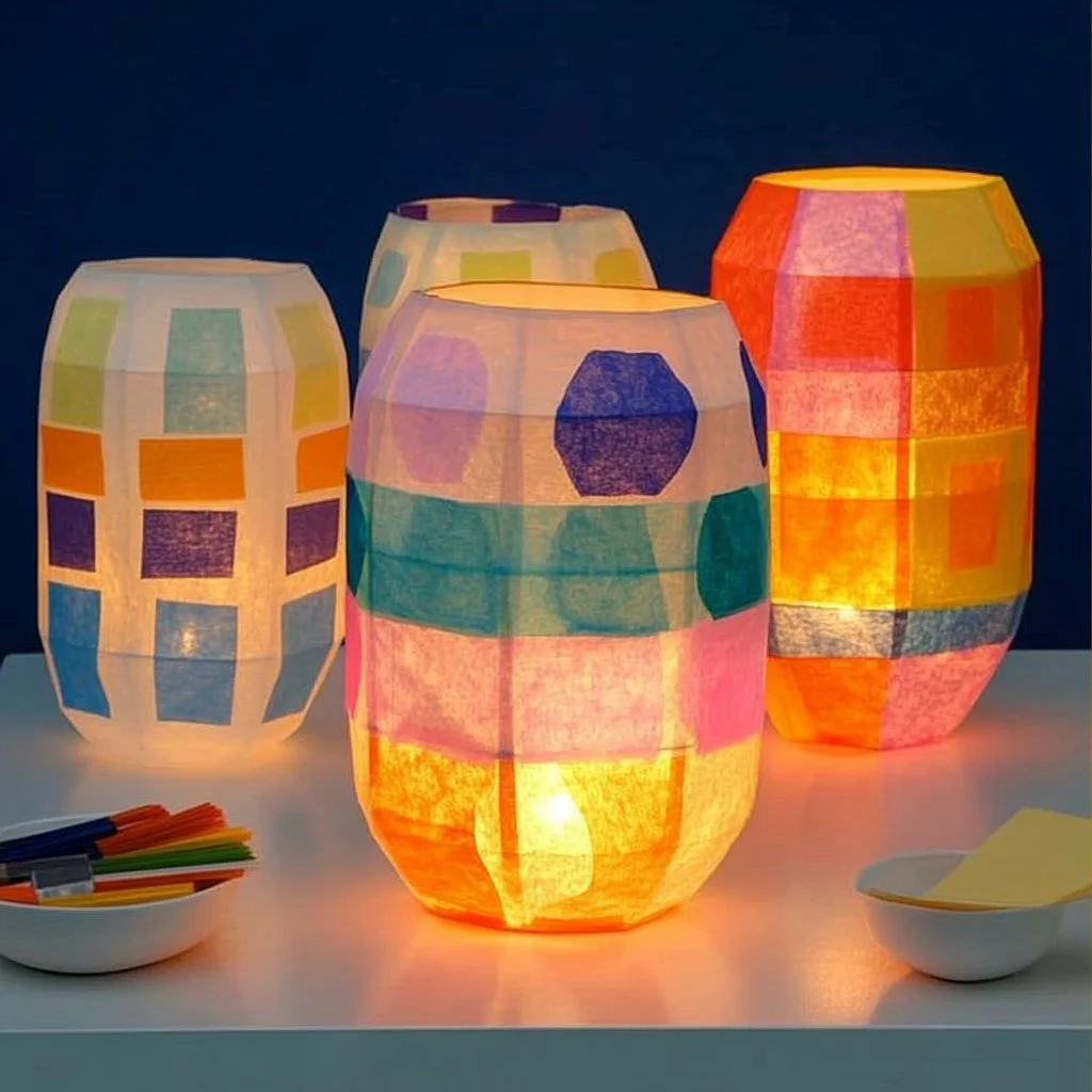 Colorful geometric tissue paper lanterns hanging at a festive event.