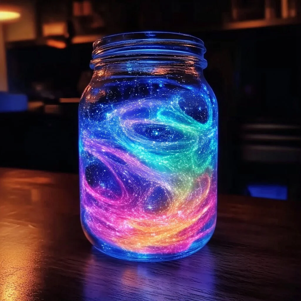 DIY Glow-in-the-Dark Galaxy Jar with luminous stars and swirling designs.