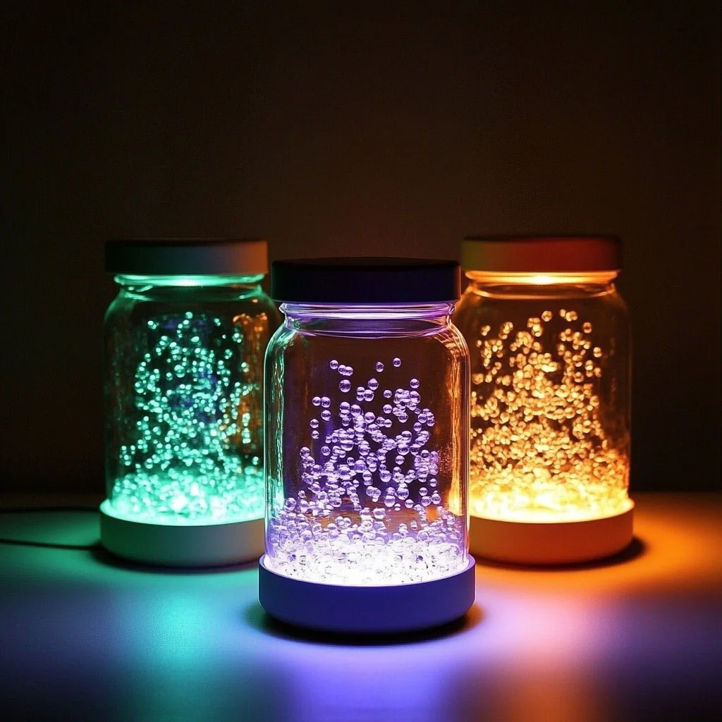 Colorful glowing bubble lamps creating a dreamy ambiance in a stylish room.
