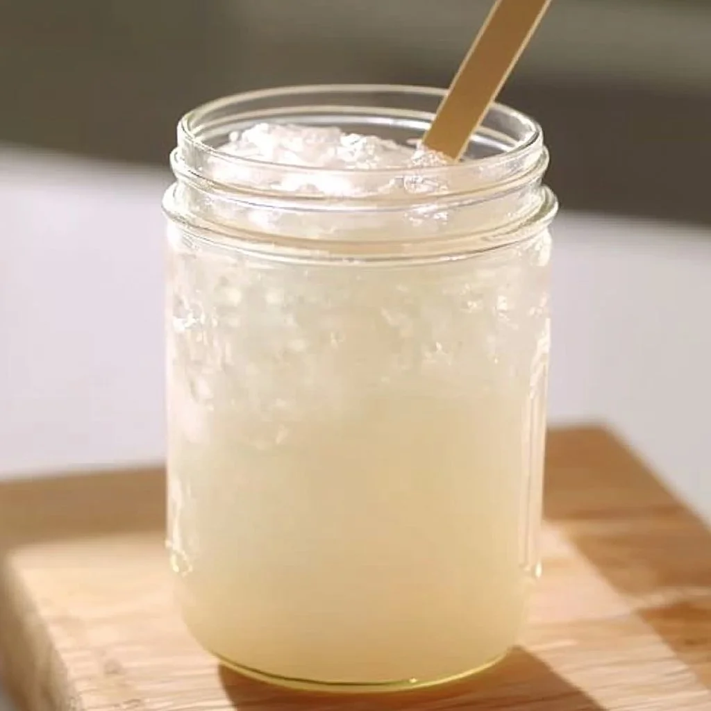 Bottles and jars of homemade glue ingredients on a craft table.