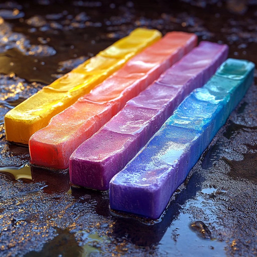 Colorful homemade ice chalk used for outdoor drawing and painting on pavement.