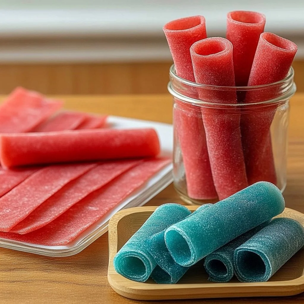 Colorful homemade Kool-Aid Fruit Roll-Ups on a wooden table