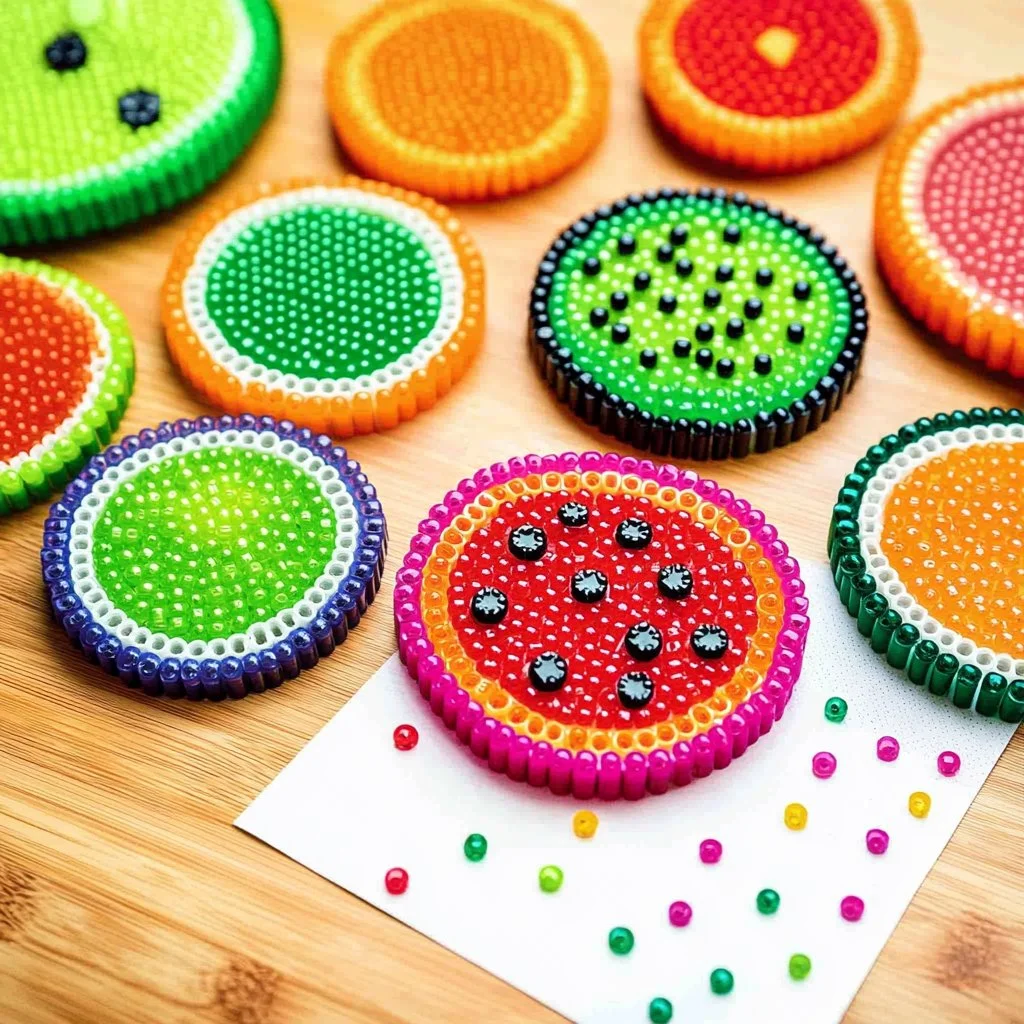 Colorful Perler bead fruit creations for crafting and decoration
