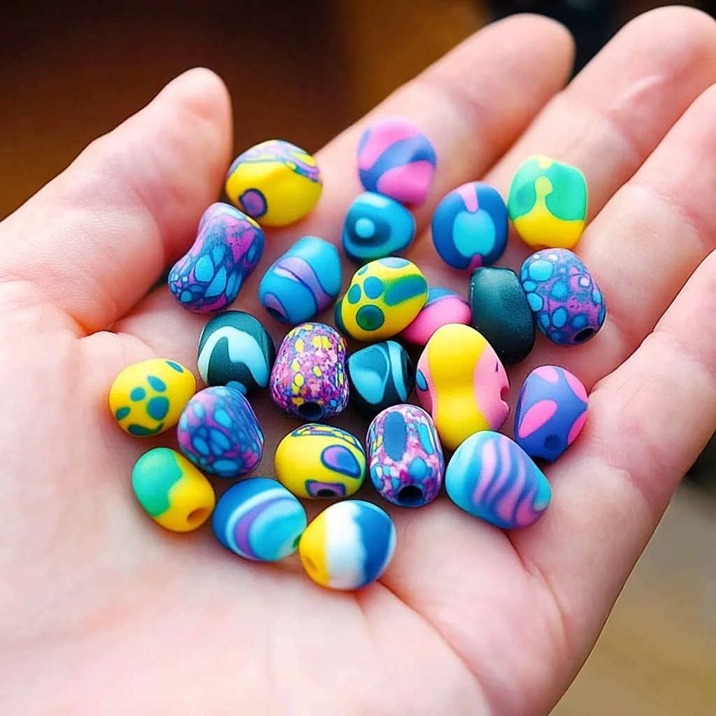 Handmade polymer clay beads in various colors and shapes.