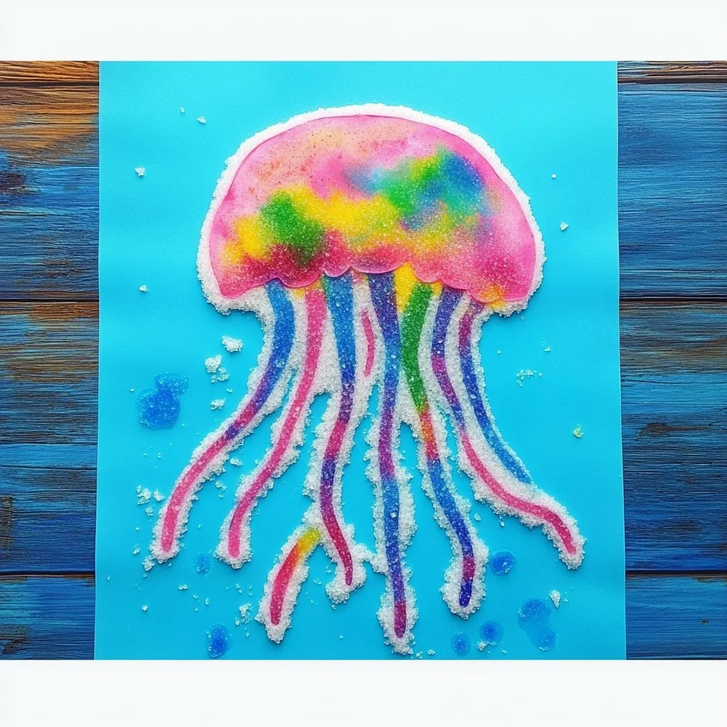 Colorful jellyfish salt painting showcasing marine art technique