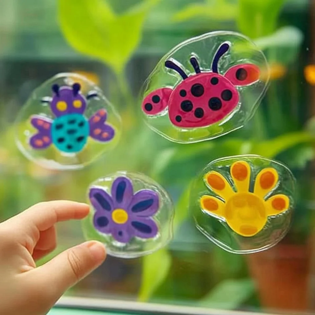 Colorful ladybug window clings for decorative home or office use.