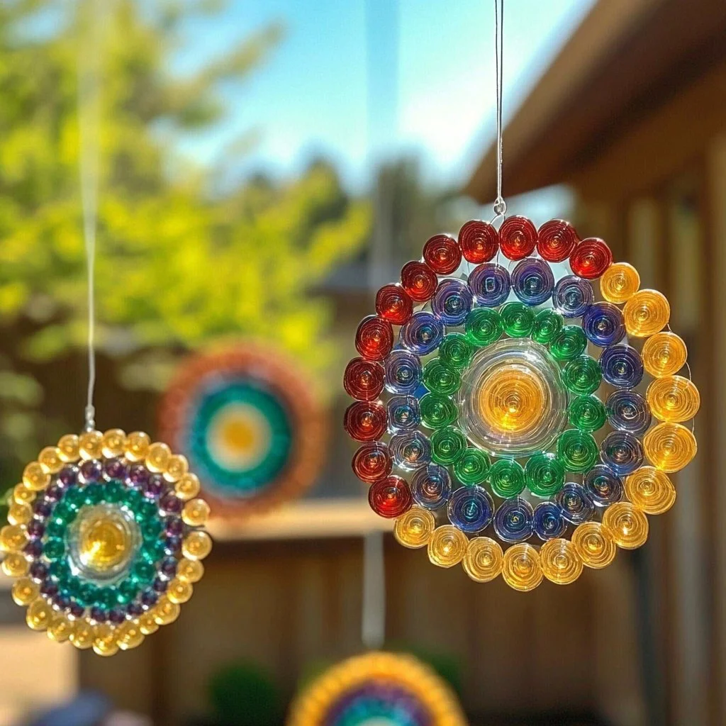 Colorful melted bead suncatchers hanging in a sunlit window
