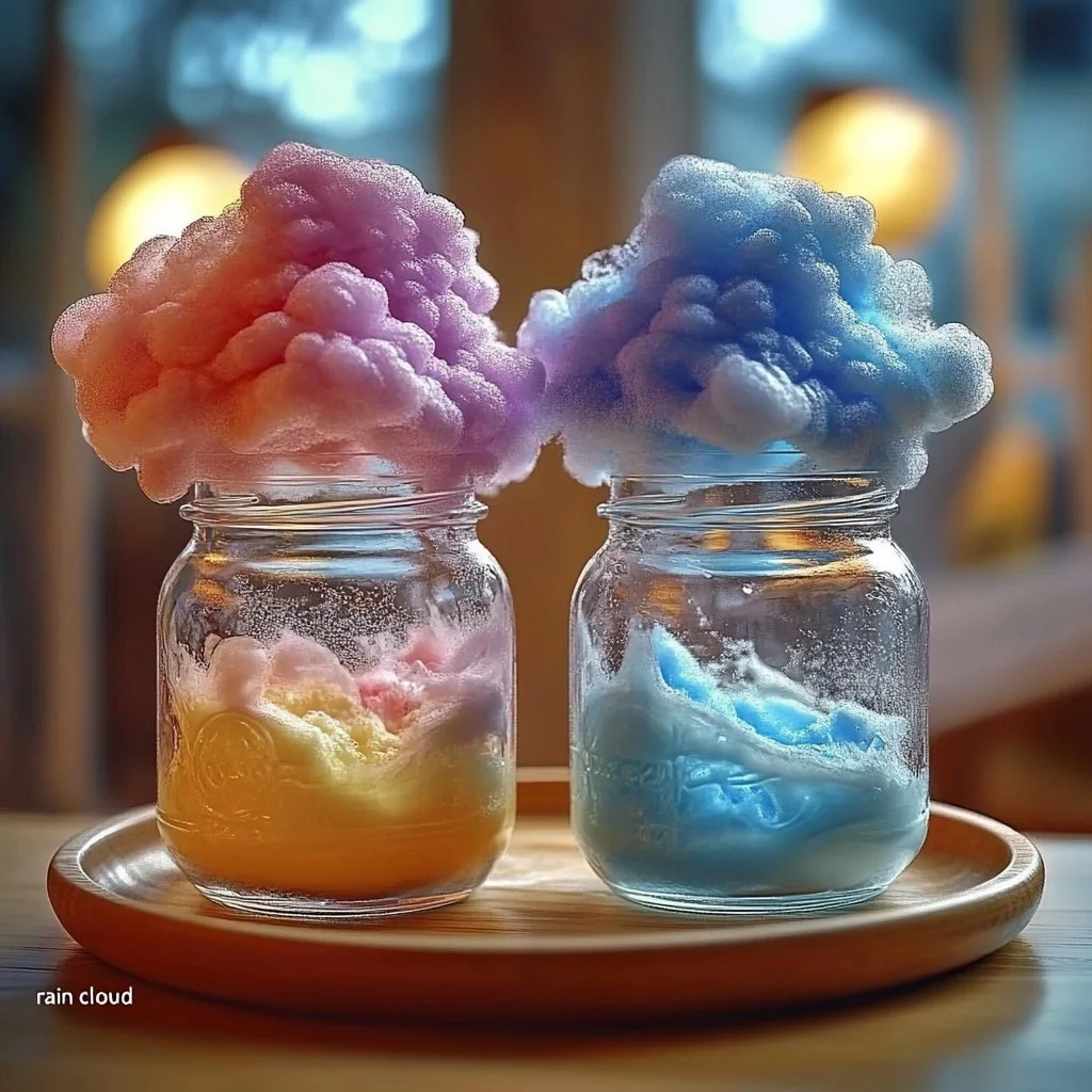 Child conducting the Rain Cloud Experiment with colorful materials showing cloud formation.