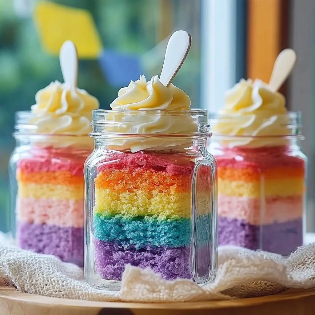Rainbow Glow Cake Jar Parfaits with colorful layers in a clear jar