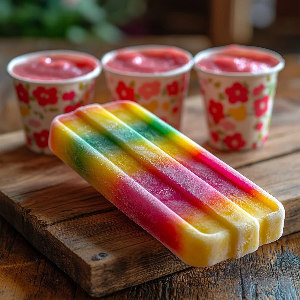 Colorful homemade rainbow popsicles stacked on a wooden stick
