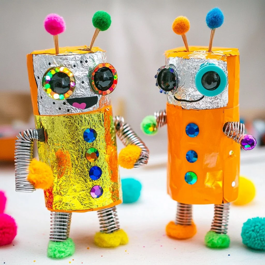 Step-by-step guide for creating a robot toilet paper craft project.