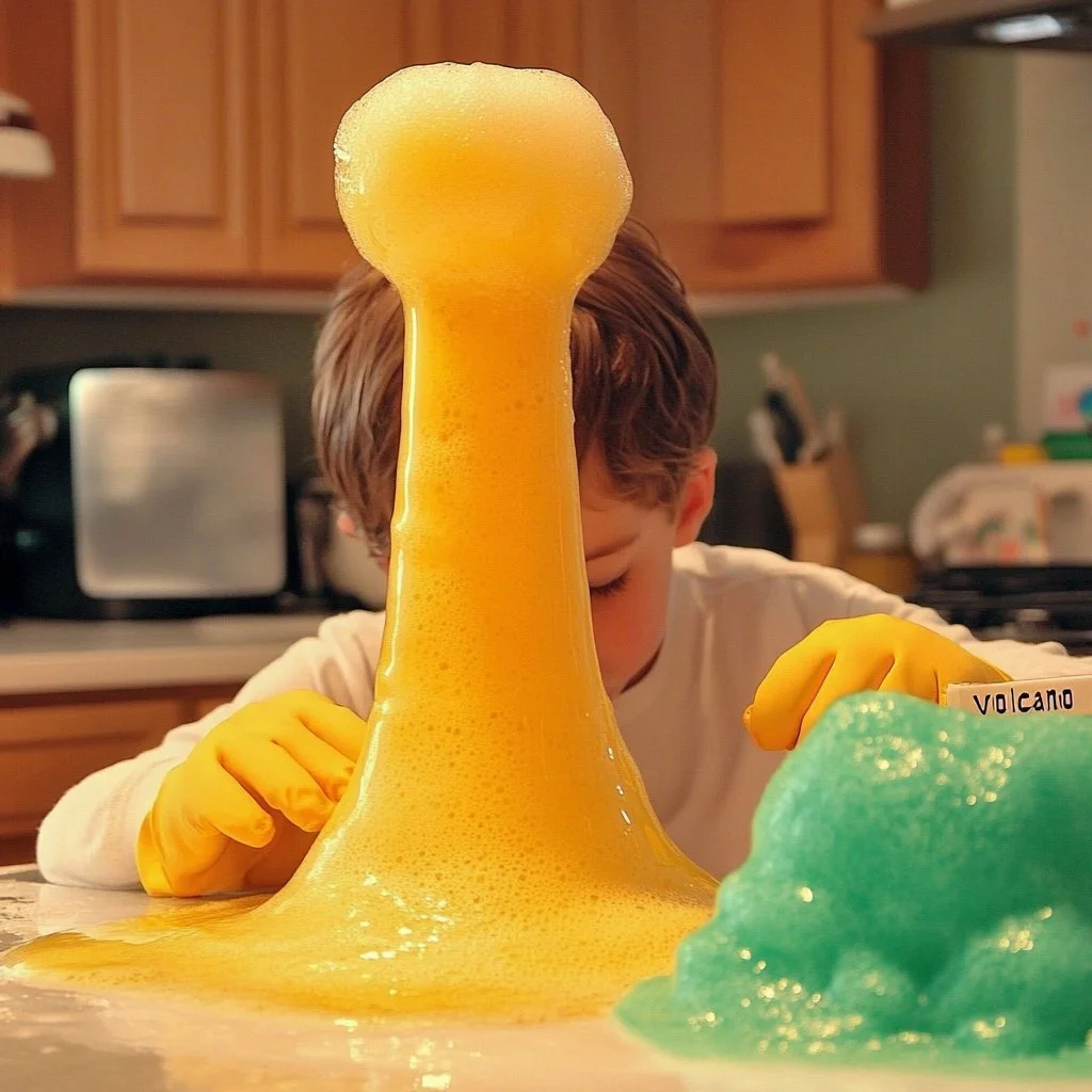 Kids performing a safe and fizzy volcano experiment at home.