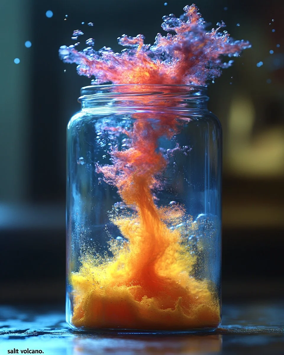 Salt volcano experiment demonstration with ingredients and eruption process